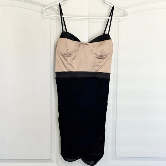 Tan Black Fitted Corset Mini Dress with Adjustable Straps, Size Small - Picture 1 of 3